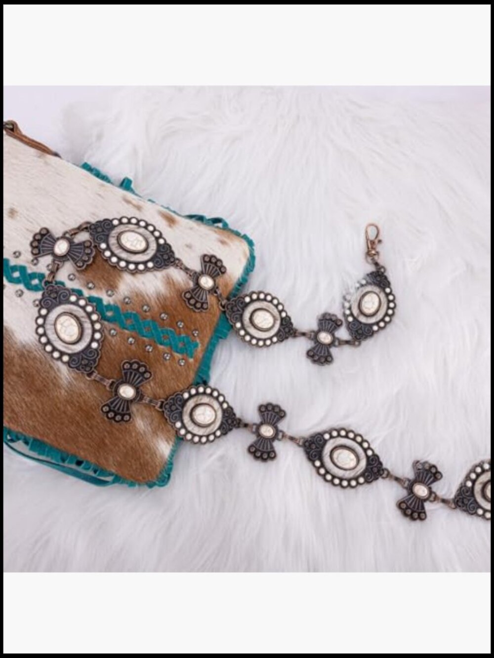 Large Western Concho Metal Chain Belt with Faux Turquoise - Picture 7 of 7